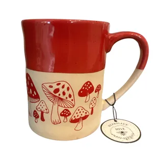 Photo of Heartland Hive Magic Mushrooms 18 oz Colorblock Ceramic Mug Red Cream NWT