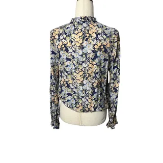 Photo of CeCe Women’s Medium Navy Floral Tie Neck Ruffle Long Sleeve Blouse
