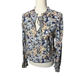 Photo of CeCe Women’s Medium Navy Floral Tie Neck Ruffle Long Sleeve Blouse