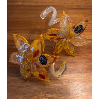 Photo of Vintage Pair Italian Murano-Style Art Glass Flower Sculptures Red Yellow