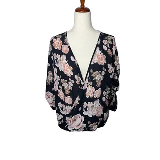 Photo of Justify Women’s Large Black Pink Floral Surplice Wrap Front Blouse | Large