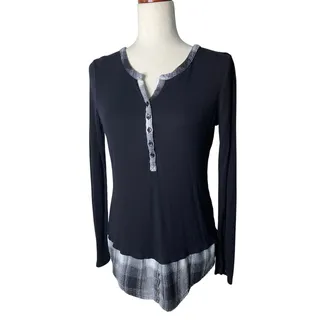 Photo of Venus Black Ribbed Henley Tunic Top with Plaid Trim Long Sleeves