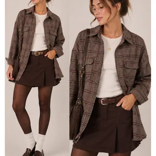 Photo of Abercrombie & Fitch Oversized Plaid Shacket Womens S Brown Preppy Academia Fall