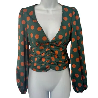 Photo of Feel In Hunter Green Orange Polka Dot V Neck Long Bishop Sleeve Crop Top size S