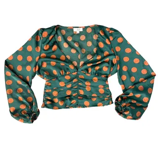 Photo of Feel In Hunter Green Orange Polka Dot V Neck Long Bishop Sleeve Crop Top size S