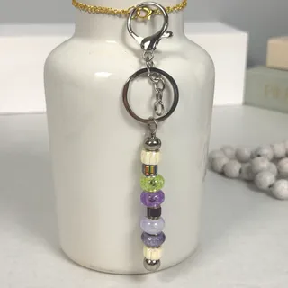 Photo of Super Cute AB Crystal, Pale Green Crackle Glass, & Lavender Beaded Key Chain 6"