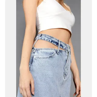 Photo of Nasty Gal Denim Maxi Skirt High Waist Side Slit Cut Out Pocket Size 10