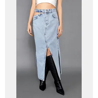 Photo of Nasty Gal Denim Maxi Skirt High Waist Side Slit Cut Out Pocket Size 10