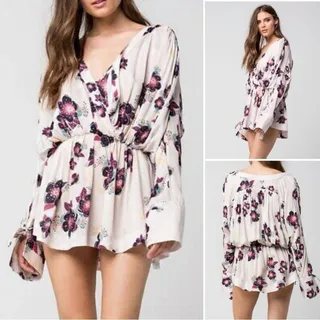 Photo of Free People Tuscan Dreams Tunic Floral Wrap V Neck Cream Pink Purple M