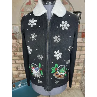 Photo of Christmas cardigan sweater snow globe embroidered beaded fuzzy collar