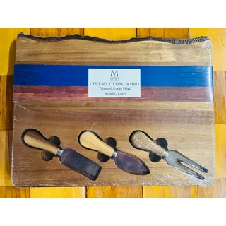 Photo of Acacia Wood Cheese Board Serving Set w/ Knives 13x10 Rough Edge by Medici Sealed