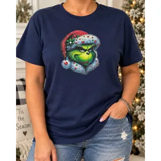 Photo of Anvil Large Dark Blue Grinch Christmas Custom Graphic T-Shirt