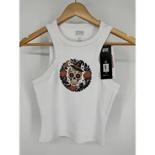 Photo of Madden NYC XXS White Halloween Skull Pumpkin Custom Graphic Tank Top NWT