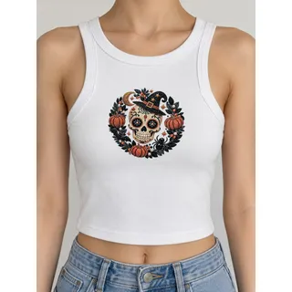Photo of Madden NYC XXS White Halloween Skull Pumpkin Custom Graphic Tank Top NWT