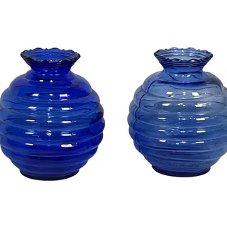 Photo of Vintage mid century cobalt and sapphire blue hooped rib globe vases