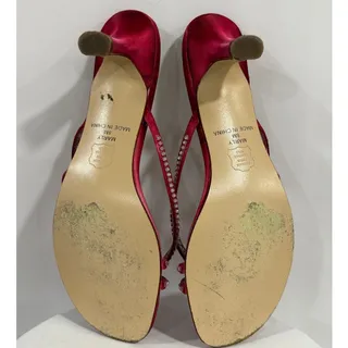 Photo of Y2K Michaelangelo Marly Red Satin Rhinestone Strappy Kitten Heel Sandals 8M