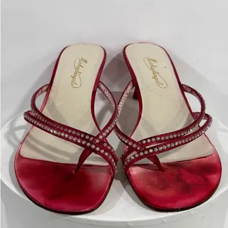 Photo of Y2K Michaelangelo Marly Red Satin Rhinestone Strappy Kitten Heel Sandals 8M
