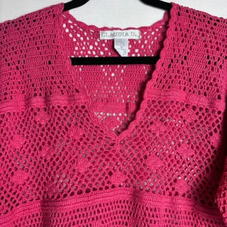 Photo of Vtg 1992 Claudia D Crochet Sweater Womens M Pink Magenta Open Knit Boho 90s Beach
