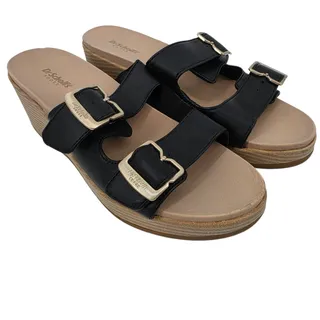 Photo of NWOT Dr. Scholl’s Black Cali Breeze Faux Leather Slip On Wedge Sandals Size 9