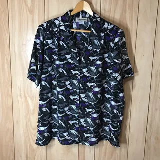 Photo of VTG 90s Donnkenny Woman Blouse 2X Purple Black Abstract Art Short Sleeve Shirt