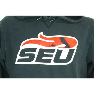 Photo of Vintage Nike SEU Hoodie M Black Center Swoosh Distressed College Sweatshirt