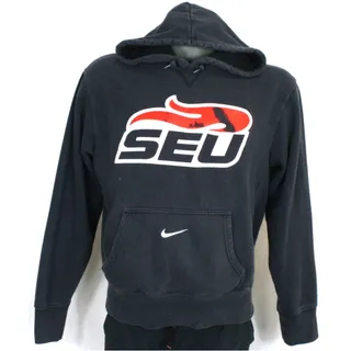 Photo of Vintage Nike SEU Hoodie M Black Center Swoosh Distressed College Sweatshirt