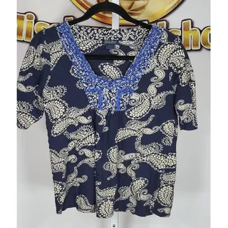 Photo of Lucky Brand Womens BOHO Top Navy Ivory Paisley Embroidered Blouse Size M