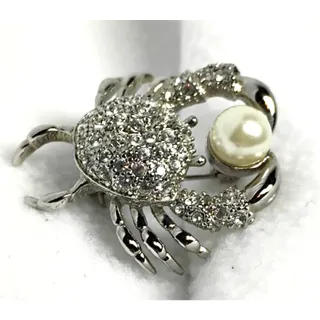 Photo of Small Vintage Crab Figural Brooch Pin Rhinestone Faux Pearl Nautical Coastal