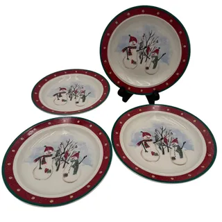 Photo of Set/4 Royal Season Salad Plates Stoneware Snowman Winter Christmas Dishes