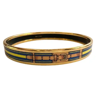 Photo of Hermès Belt Motif Enamel and Gold Plate Bangle Bracelet