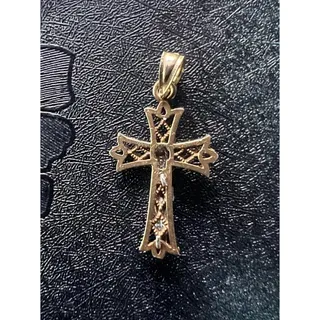 Photo of 10K Yellow Gold Crucifix Pendant Two Tone Jesus Cross Ornate Religious Jewelry