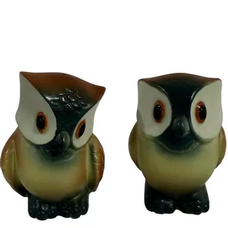 Photo of VINTAGE 1970s Japan Owl Salt Pepper Shaker Pair Ceramic Brown Green Kitsch Decor