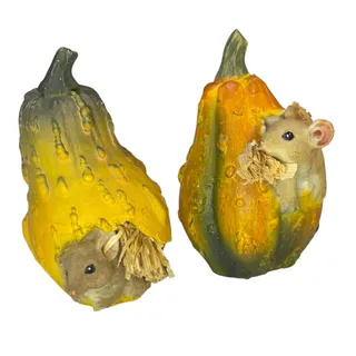Photo of Vintage 2pc Fall Mice in Squash Gourd Figurines Resin Straw Harvest Decor 4"