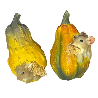 Photo of Vintage 2pc Fall Mice in Squash Gourd Figurines Resin Straw Harvest Decor 4"