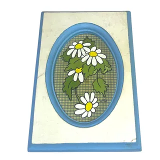 Photo of Vintage 70s Hand Painted Daisy Fabric Wall Art Chalkware Style Folk Art 8"