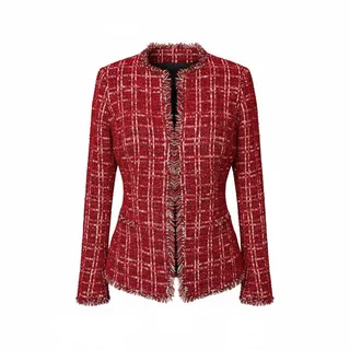 Photo of Joan Rivers Jacket Women XXS Runs Lg Red Plaid Boucle Weave Fringe Blazer Open