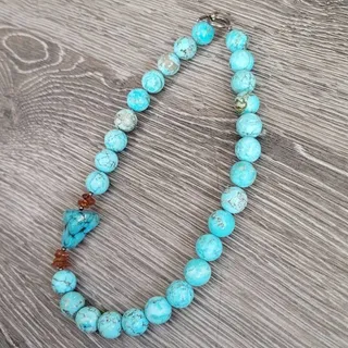 Photo of Vintage Chunky Turquoise & Amber Nugget Statement Necklace 925 Sterling Toggle 
