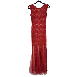 Photo of Betsy & Adam Orange Red Cap Sleeve Lace Long Evening Gown Dress Size 4
