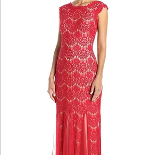 Photo of Betsy & Adam Orange Red Cap Sleeve Lace Long Evening Gown Dress Size 4