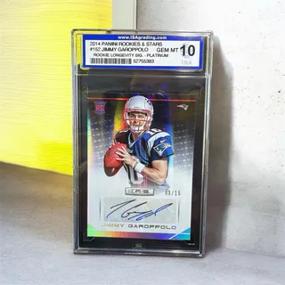 Photo of 2014 Panini R&S Jimmy Garoppolo RC Auto Platinum /15 ISA 10 GEM MINT
