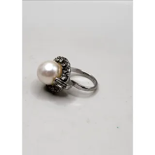Photo of Vintage Sarah Coventry Faux Pearl Rhinestone Adjustable Cocktail Ring Silver Tone