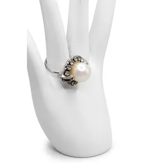 Photo of Vintage Sarah Coventry Faux Pearl Rhinestone Adjustable Cocktail Ring Silver Tone