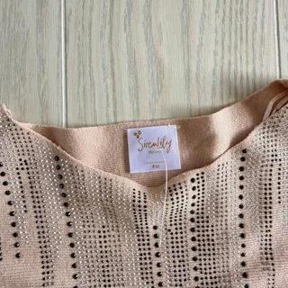 Photo of Sirenlily Petite Medium Beige Long Sleeve Rhinestone Jewel Sweater