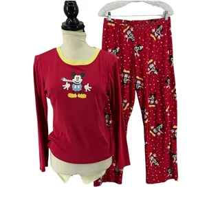Photo of Disney Mickey Mouse Winter Scarf Red Long Sleeve Fleece Pants Pajama Set Large