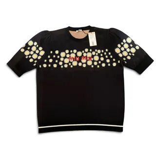 Photo of Miu Miu Navy Wool Jacquard Daisy Embroidered Crewneck Sweater Size 46 NWT