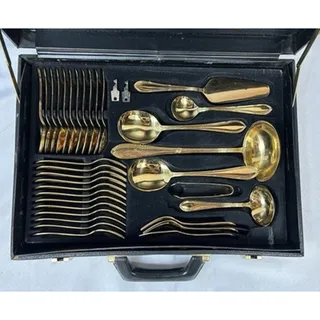 Photo of Vintage SBS Solingen 71 pc Gold Plated Flatware Set 23/24K Gold 18/10 Stainless