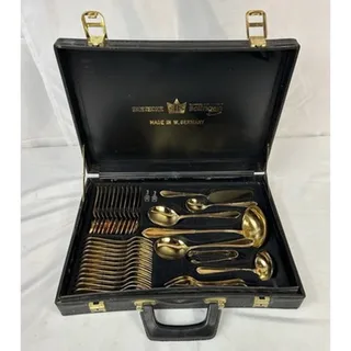 Photo of Vintage SBS Solingen 71 pc Gold Plated Flatware Set 23/24K Gold 18/10 Stainless