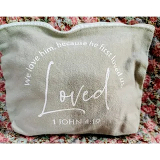 Photo of canvas Makeup bag, white script, Bible verse