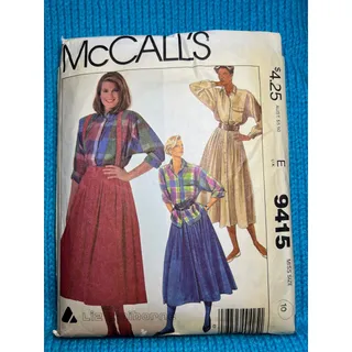 Photo of McCalls Sewing pattern 9415 button up shirt midi skirt suspenders 1980s size 10