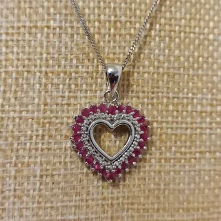 Photo of Italian 925 Sterling Silver & Red Rubies 3/4" Heart Pendant 16" Necklace